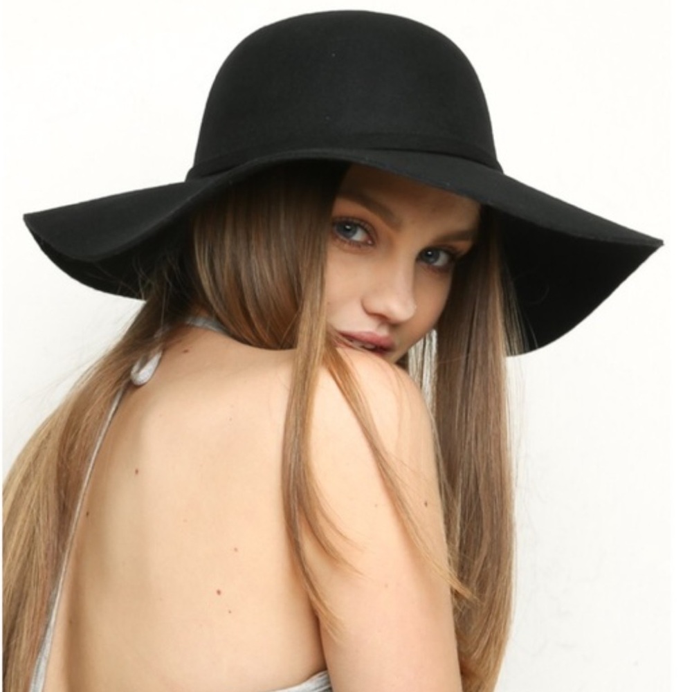 Black wool wide brim knotted sash floppy hat one size fits most